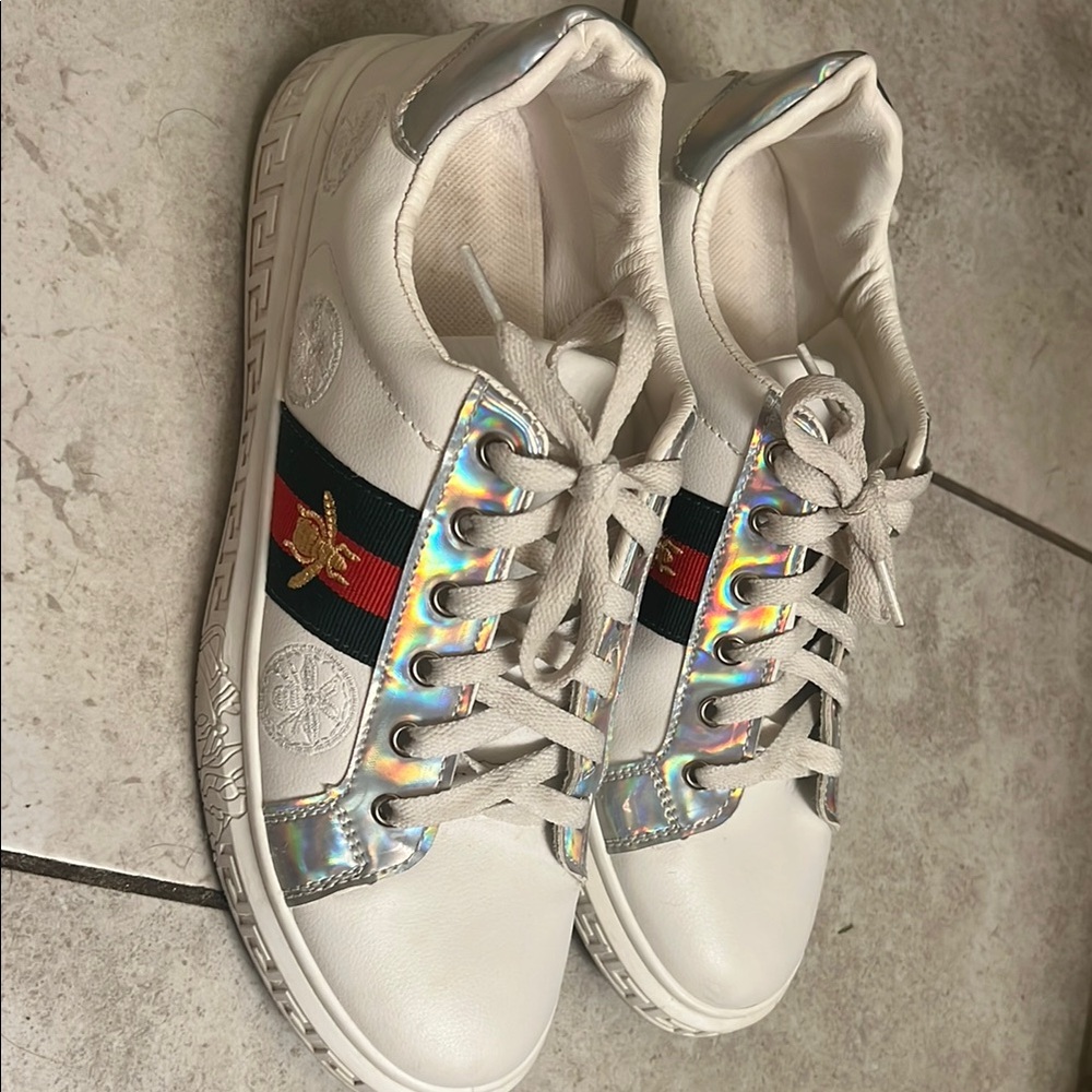 White Sneakers with Holographic and Red-Green Stripes